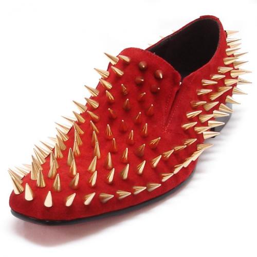 Encore By Fiesso Red Genuine Suede Leather with Gold Metal Spikes Shoes FI6747.